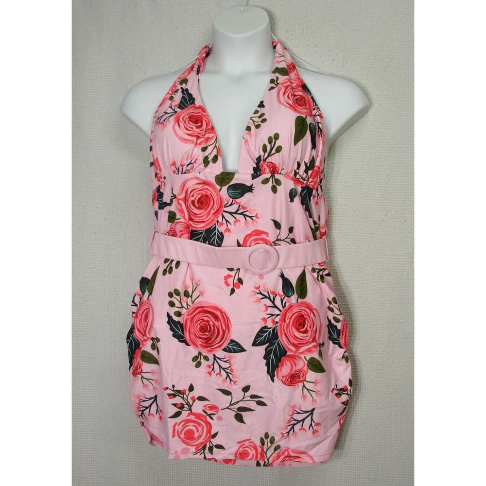 New Retro Stage Pink Rose Floral One Piece Skirted Swimsuit Belted Swim Dress 2X